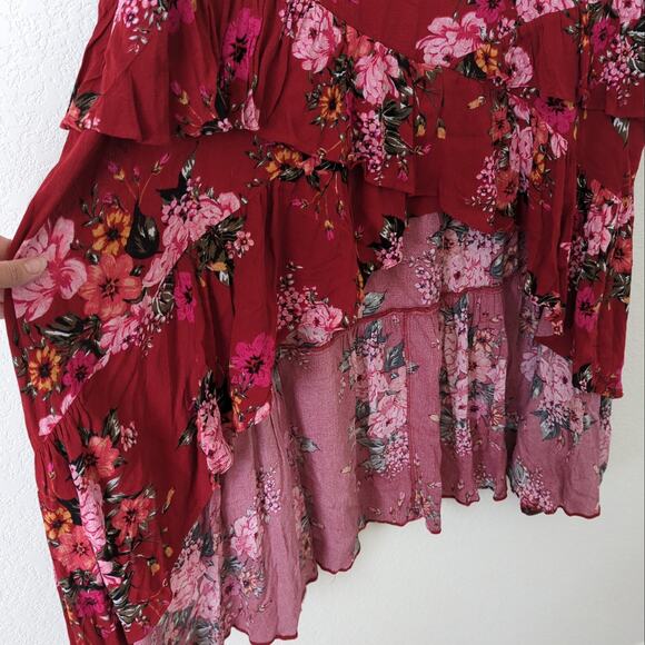 Torrid Womens High Low Floral Skirt Red Pink Size 3 3X Plus Ruffle Midi Summer - Picture 3 of 8